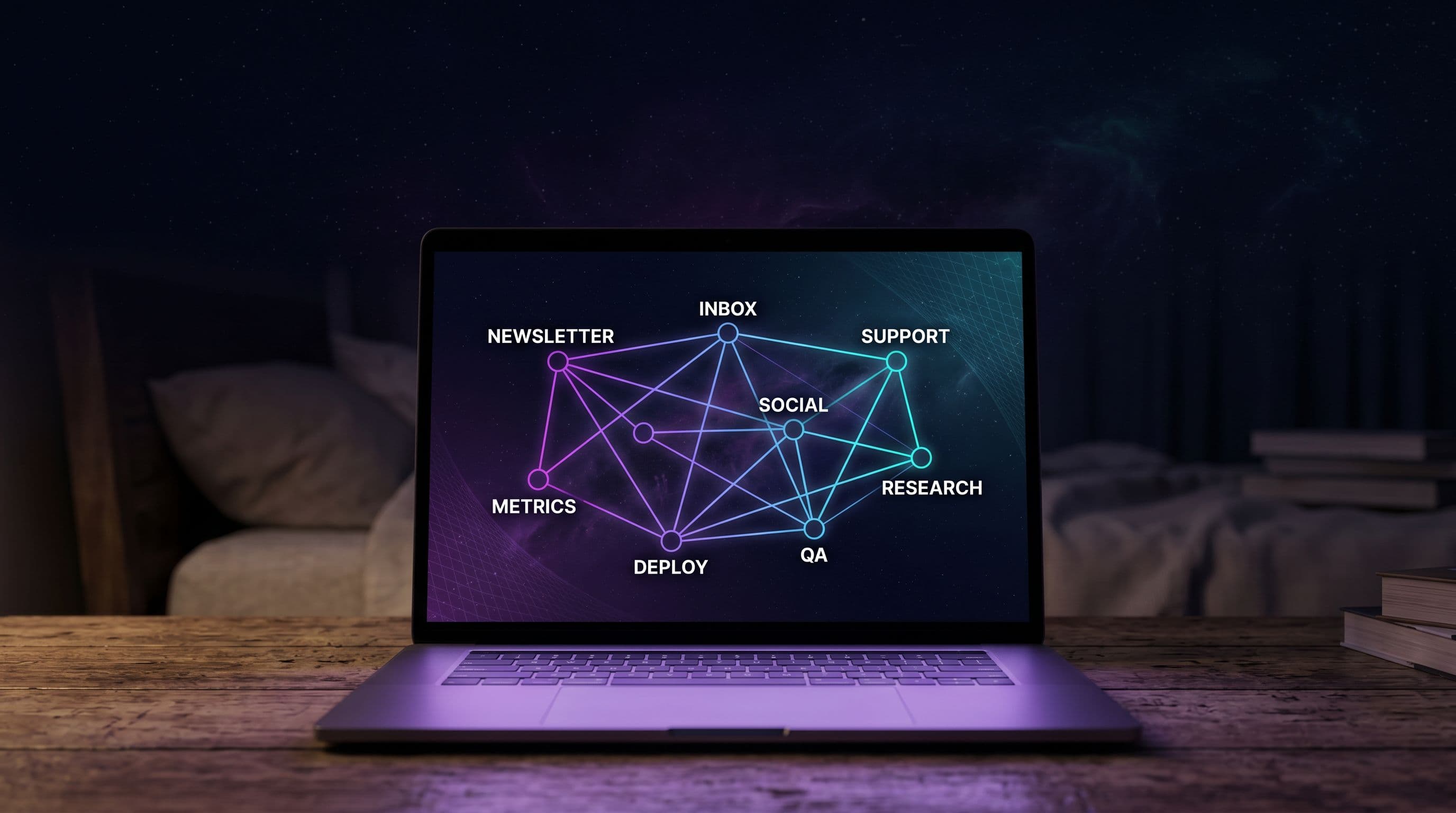 A laptop at night showing a glowing network of agent nodes working for you